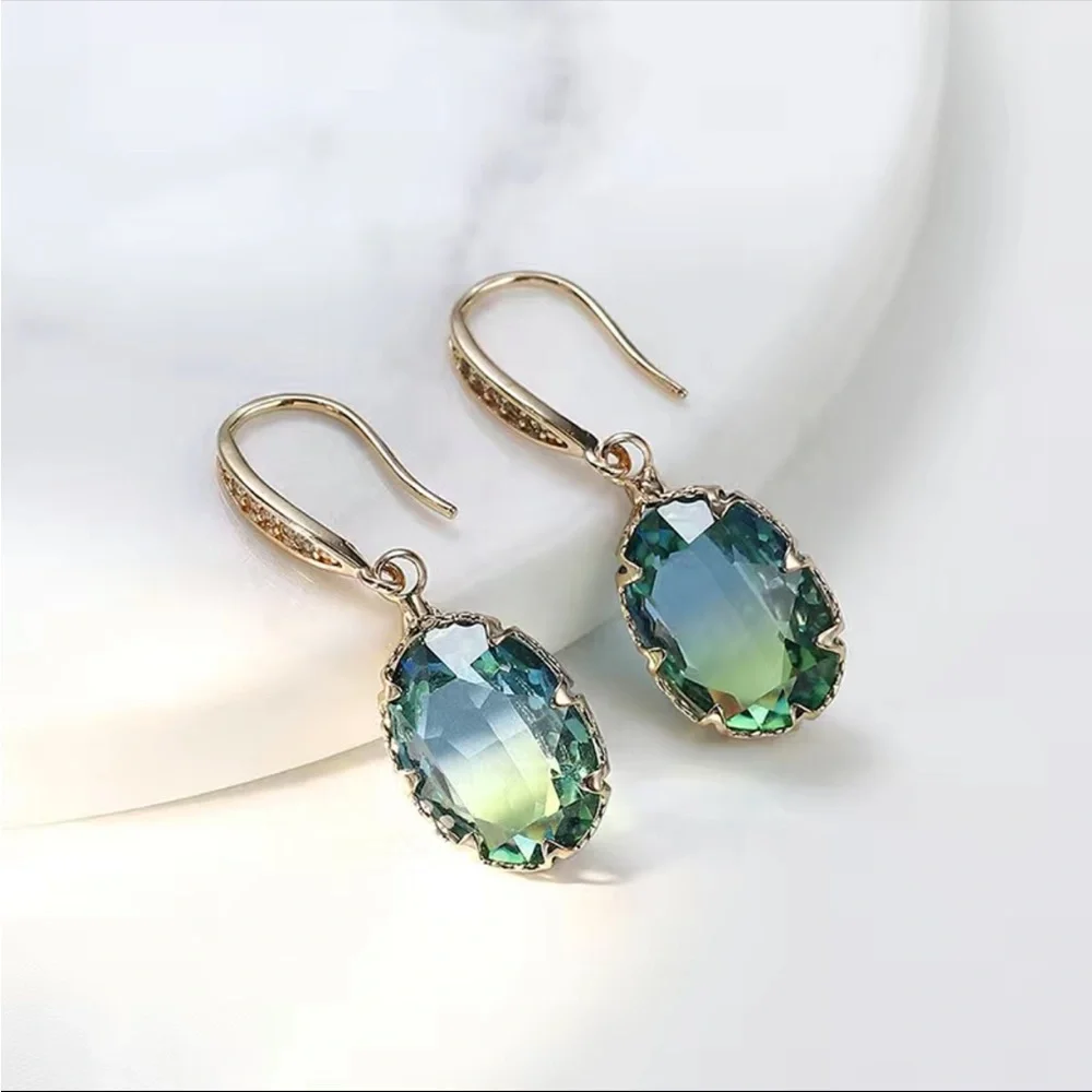 New Bright Oval Gemstone Pendant Temperament Tourmaline Earrings - Picture 4 of 8